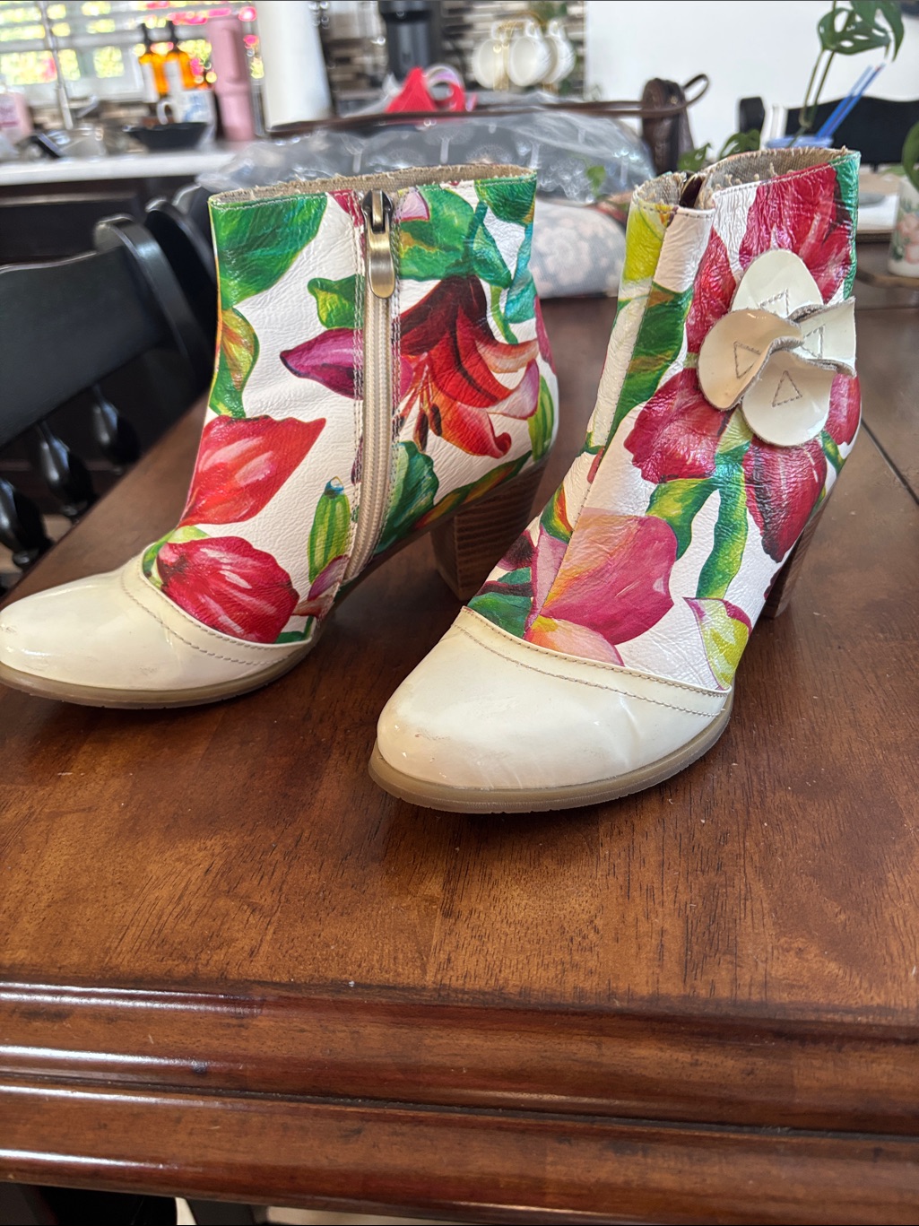 Cream Floral Ankle Booties With Pink & Green Print